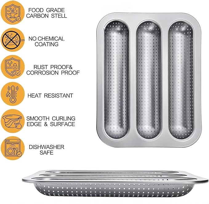 Bread Baking Pan, Baguette Mold Set, Nonstick Fixture with Balanced Grip, Perforated Tray with Consistent Utility, 0.79x9.84x1.18 inches Kitchen Organizer, Outdoor Accessory for Cooking Routine