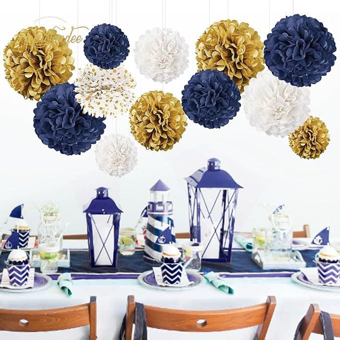 NICROLANDEE Wedding Party Decorations - 12 PCS Navy Blue and Gold Tissue Paper Pom Poms for Colleage Graduation, Baby&Bridal Shower, Birthday, Bachelorette Party, Engagement Party, Anniversary Party