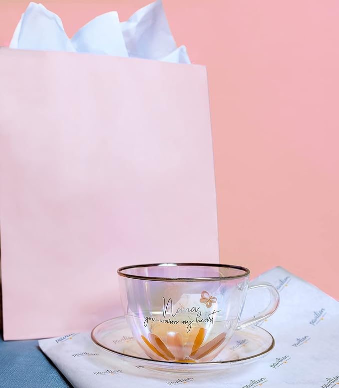 Pavilion Gift Company - Nana - 7-ounce Glass Teacup with Saucer Set, Iridescent Coffee Cup, Butterfly Teacup, Mother's Day Gift Ideas, Nana Mug, 1 Count - Pack of 2
