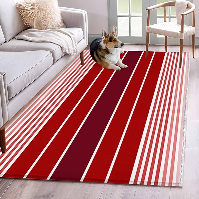 Area Rug 4x6ft, Abstract Gradient Red White Stripes Washable Rugs for Living Room Bedroom, Ombre Modern Art Soft Non-Slip Area Rugs Rectangle Floor Carpet for Dining Room