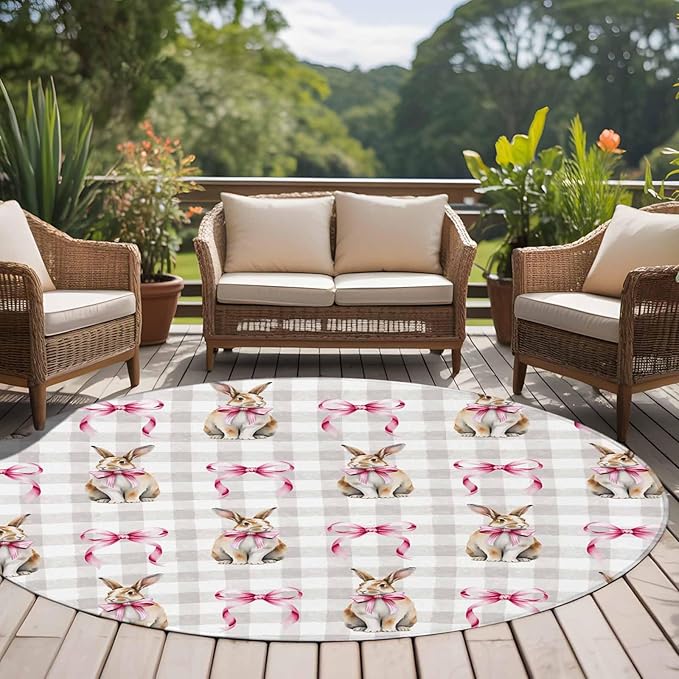 Washable Round Area Rug Easter Rabbit Pink Bow Circle Rugs Floor Carpet for Living Room Bedroom, Seamless Bunny Gray Buffalo Plaid Soft Non Slip Round Rug 5ft