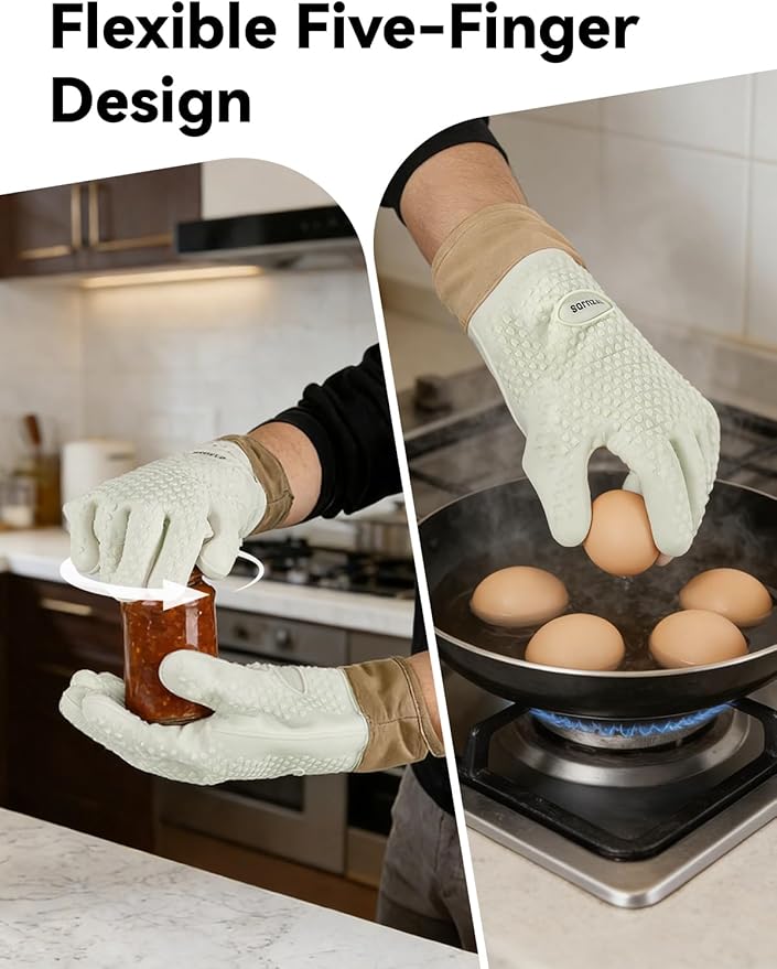 Silicone Oven Mitts with Five-Finger Design, Extended Cuff & Soft Cotton Lining – Heat Resistant, Waterproof, Non-Slip Oven Gloves for Baking, Cooking, Grilling, Safe Grip on Hot Cookware - White