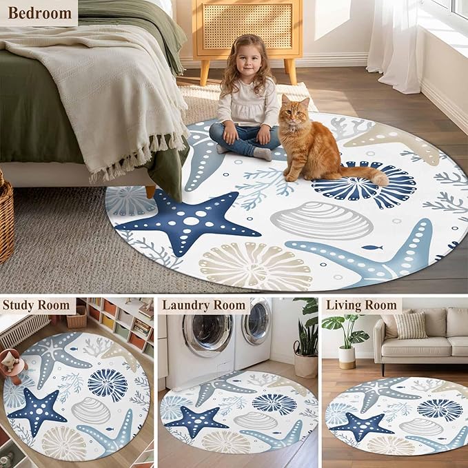 Washable Round Area Rug Ocean Starfish Shell Conch Circle Rugs Floor Carpet for Living Room Bedroom, Sea Blue Coral Seamless Soft Non Slip Round Rug 3ft