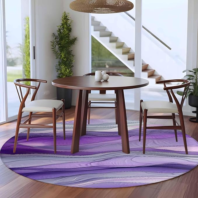 Washable Round Area Rug Abstract Art Purple Gray Wave Circle Rugs Floor Carpet for Living Room Bedroom, Vintage Marble Texture Soft Non Slip Round Rug 5ft