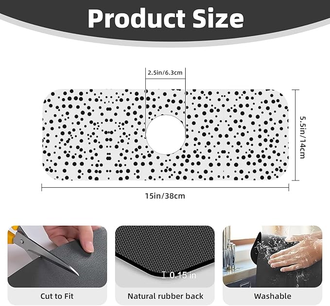 Black and White Polka Dot Printed Faucet Absorbent mat, Suitable for bathrooms, Kitchens, and Other Sink Areas.