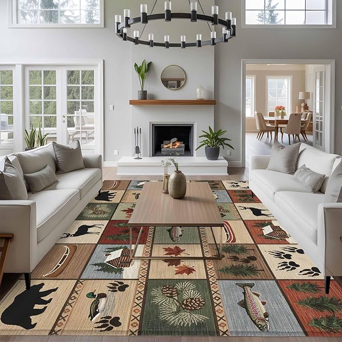 Area Rug 6x9ft, Vintage Bear Forest Deer Fish Village Washable Rugs for Living Room Bedroom, Retro Wildlife Themes Soft Non-Slip Area Rugs Rectangle Floor Carpet for Dining Room