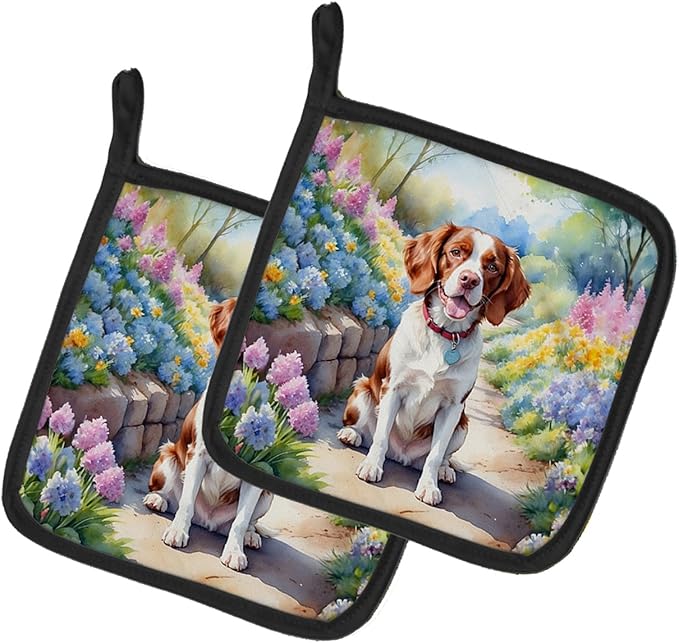 Caroline's Treasures Brittany Spaniel Spring Path Pair of Pot Holders Kitchen Heat Resistant Pot Holders Sets Oven Hot Pads for Cooking Baking BBQ, 7 1/2 x 7 1/2