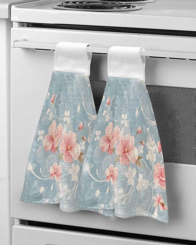 Alandar Home Kitchen Tie Towel Set of 1, Pink Flower Leaves on Blue Linen Absorbent Soft Hand Towels for Bathroom Hanging Towels, Retro Summer Botanical Fast Drying Cleaning Cloth with Loop