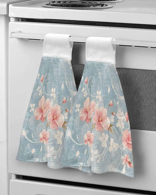 Alandar Home Kitchen Tie Towel Set of 2, Pink Flower Leaves on Blue Linen Absorbent Soft Hand Towels for Bathroom Hanging Towels, Retro Summer Botanical Fast Drying Cleaning Cloth with Loop