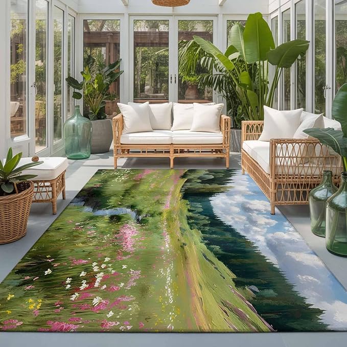 Area Rug 3x5ft, Watercolor Flowers Leaves Forest Meadow Washable Rugs for Living Room Bedroom, Oil Paint Texture Soft Non-Slip Area Rugs Rectangle Floor Carpet for Dining Room