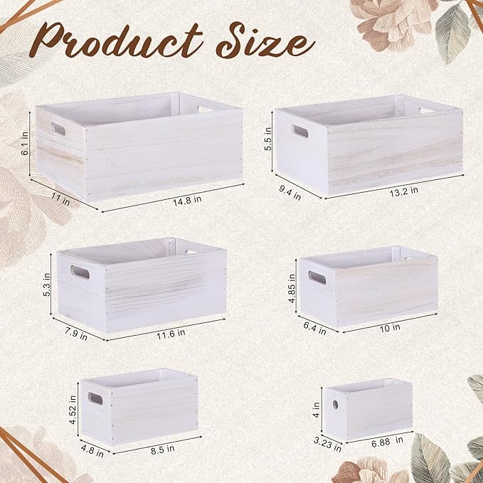 AceOrbit Set of 6 Wood Crates with Handles, Rustic Decorative Storage Boxes Distressed Wooden Nesting Display Baskets for Farmhouse, Wedding, Party Storage Display Supplies(Vintage White)