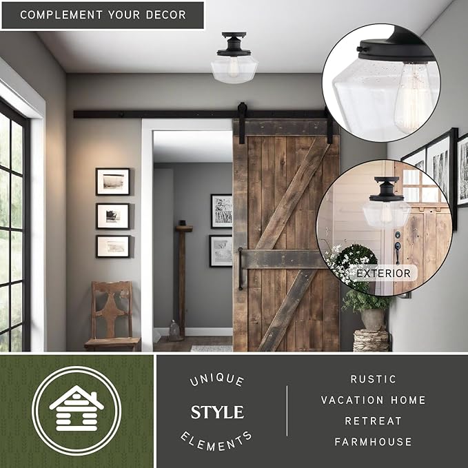 VAXCEL Collins Black Farmhouse Outdoor Flush Mount Ceiling Light Clear Schoolhouse Glass