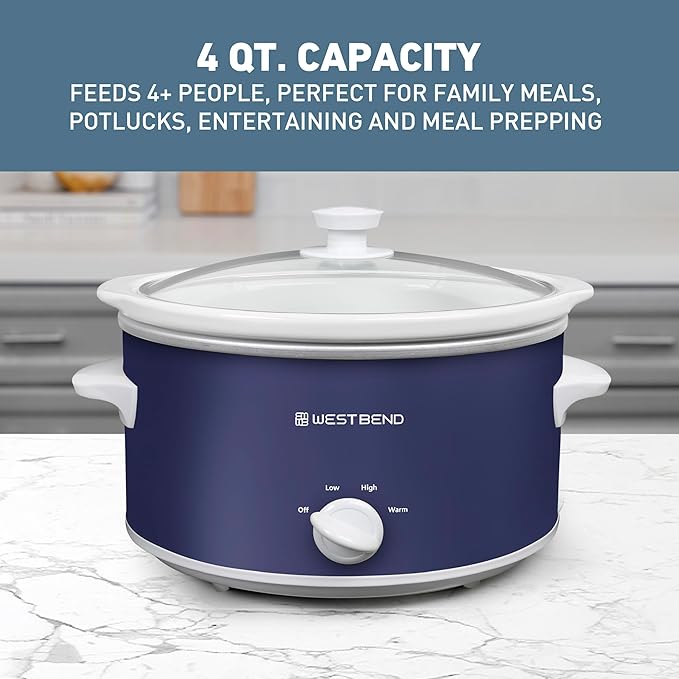 West Bend Slow Cooker 4-Quart Manual Crockery Style with Dishwasher Safe Oval Ceramic Crockpot and Glass Lid Two Temperature Settings Plus Keep Warm, 210-Watts, Navy