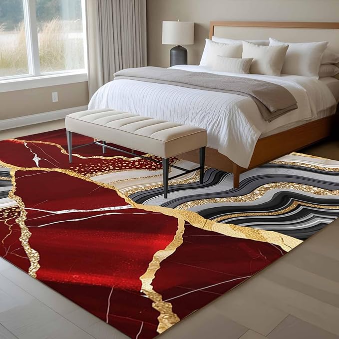 Area Rug 6x9ft, Abstract Flowing Marble Fluid Art Washable Rugs for Living Room Bedroom, Red and Gold Lines Soft Non-Slip Area Rugs Rectangle Floor Carpet for Dining Room