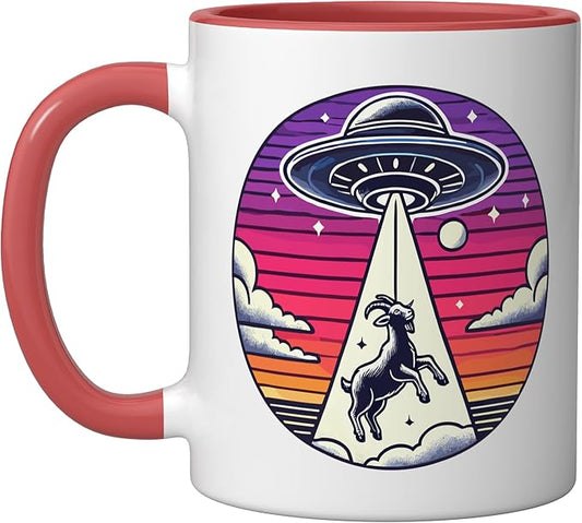 Goat Farmer Abducted Alien Spacecraft Outer Space Abduction Ceramic Mug, Red/White