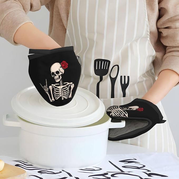 1 Pcs Mini Silicone Oven Mitts Skull Red Rose Floral Heat Resistant Grill Gloves with Hanging Loop, Valentine's Day Little Kitchen Mittens for Cooking Baking BBQ