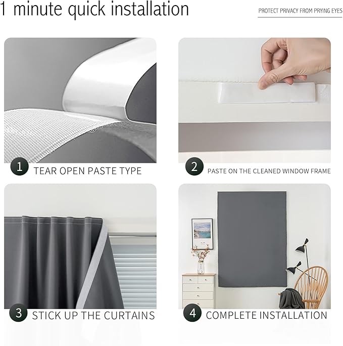 Magic Tape Blackout Curtains for Bedroom No Drillng Self Adhesive Curtains No Rod Small Window, 47" W X 96" L, Grey, 1 Panel