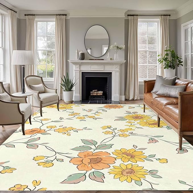 Area Rug 9x12ft, Orange Yellow Flowers Wild Vines Washable Rugs for Living Room Bedroom Rectangle Floor Carpet, Watercolor Floral Soft Non-Slip Area Rugs for Dining Room