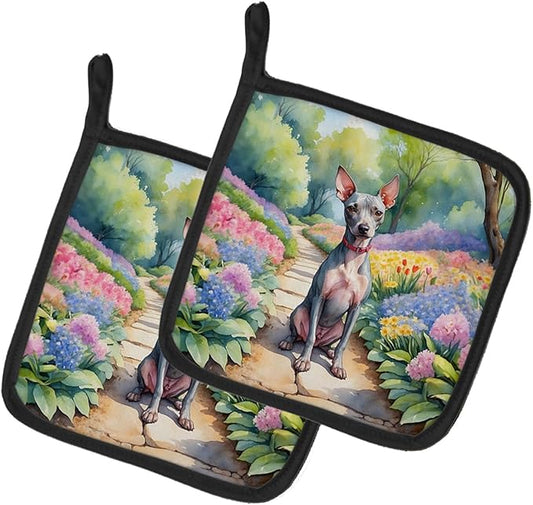 Caroline's Treasures American Hairless Terrier Spring Garden Pair of Pot Holders Kitchen Heat Resistant Pot Holders Sets Oven Hot Pads for Cooking Baking BBQ, 7 1/2 x 7 1/2