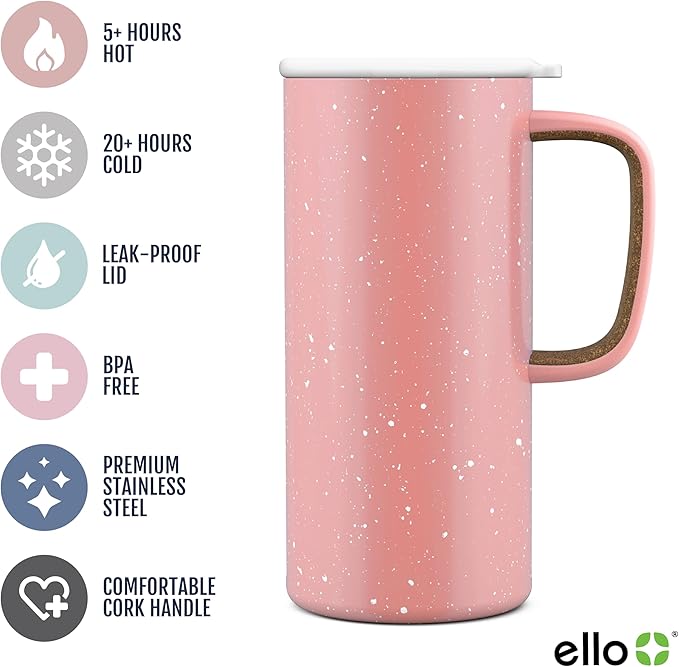 Ello Campy 18oz Stainless Steel Travel Mug with Handle and Leak-Proof Slider Lid, Reusable, Vacuum Insulated, Perfect for Coffee or Tea, Home, Gift, Travel, Office, BPA Free, Georgia Peach
