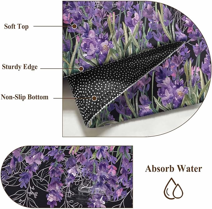 Washable Round Area Rug Spring Purple Lavender Flower Circle Rugs Floor Carpet for Living Room Bedroom, Watercolor Floral on Black Soft Non Slip Round Rug 4ft