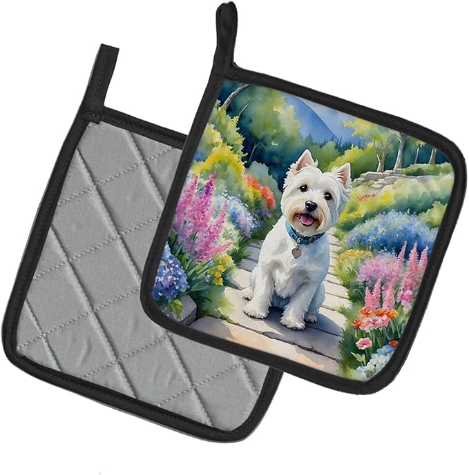 Caroline's Treasures Westie Spring Path Pair of Pot Holders Kitchen Heat Resistant Pot Holders Sets Oven Hot Pads for Cooking Baking BBQ, 7 1/2 x 7 1/2