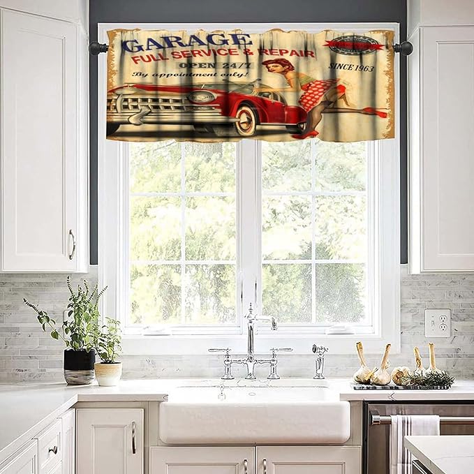 Car Vintage Garage Valance Curtain Retro Girl 1960S Mechanic Classic Signboard 1950S Aged Rod Pocket Valance Window Treatments Short Curtains for Kitchen Bathroom 54x18inch