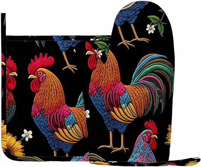 Mxocom Rooster Heat-Resistant Oven Mitts and Pot Holder Beautiful Classical Embroidery Chicken Rooster and Sunflowers Kitchen Non-Slip Cooking Microwave Gloves for Cooking Baking Grilling