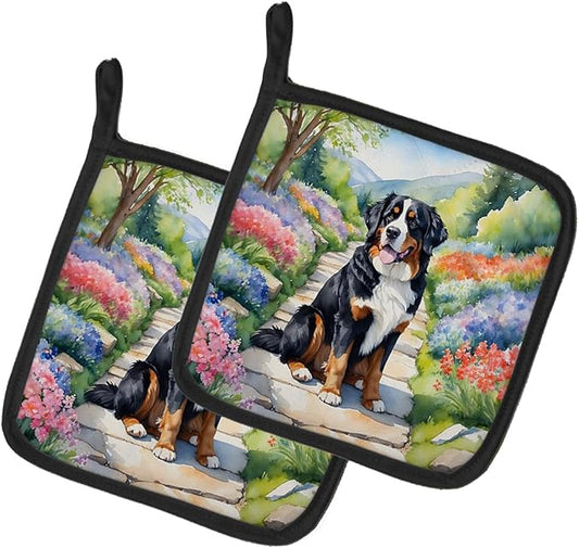 Caroline's Treasures Bernese Mountain Dog Spring Path Pair of Pot Holders Kitchen Heat Resistant Pot Holders Sets Oven Hot Pads for Cooking Baking BBQ, 7 1/2 x 7 1/2