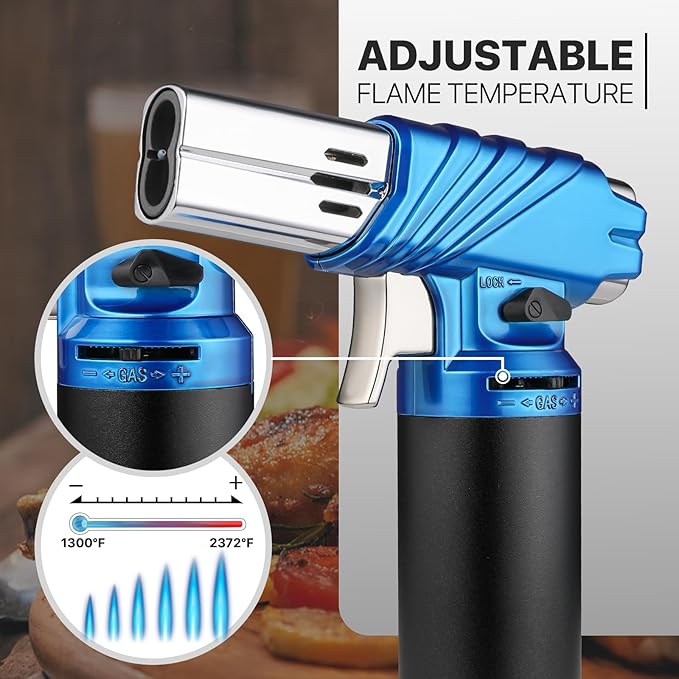 mollie Mini Butane Torch Lighter with Adjustable Flame, Small Refillable Kitchen Cooking Blow Torch for Creme Brulee, Windproof Baking Torch with Safety Lock, Blue 2-Pack (Butane Gas Not Included)