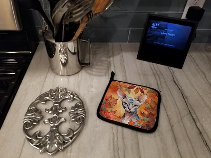 Caroline's Treasures Sphynx Cat in Fall Leaves Pair of Pot Holders Kitchen Heat Resistant Pot Holders Sets Oven Hot Pads for Cooking Baking BBQ, 7 1/2 x 7 1/2