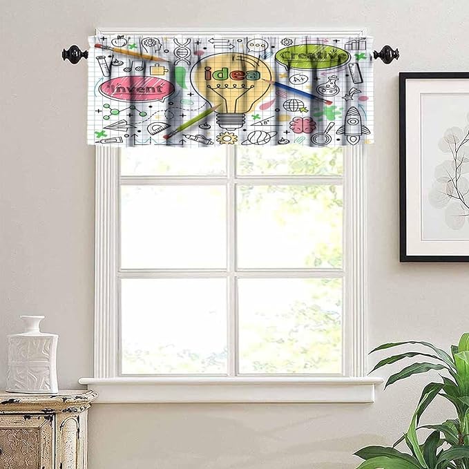 Science Valance Curtain, School Study Creative Idea Innovation Education Short Window Treatment for Kitchen Bathroom Living Room School, 54x18Inch