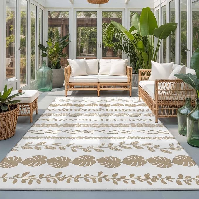 Area Rug 3x5ft, Farmhouse Monstera Leaf Seamless Washable Rugs for Living Room Bedroom, Summer Rustic Abstract Leaves Soft Non-Slip Area Rugs Rectangle Floor Carpet for Dining Room