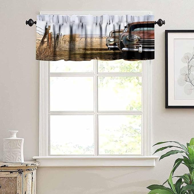 Vintage Car Valance Curtain Classic Abandoned Rusty Wyoming Cars Antique Pictures Old Trucks Countryside Windows Curtain Valance for Kitchen Bedroom Bathroom with Rod Pocket, One Panel 54X18 Inches
