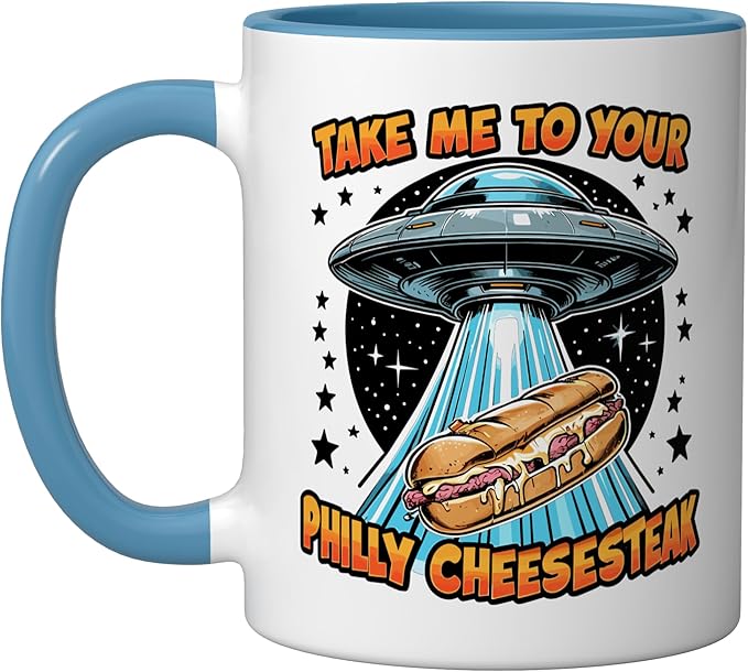 Take Me to Your Philly Cheesesteak UFO Philly Cheesesteak Ceramic Mug, Blue/White