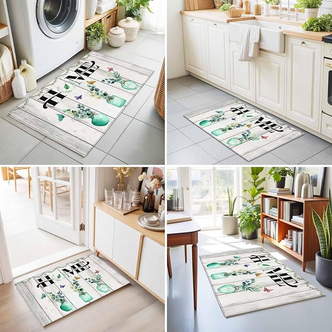 Area Rug 2x3ft, Summer Eucalyptus Leaf Colorful Butterfly Washable Rugs for Living Room Bedroom, Home Text Wood Plank Soft Non-Slip Area Rugs Rectangle Floor Carpet for Dining Room