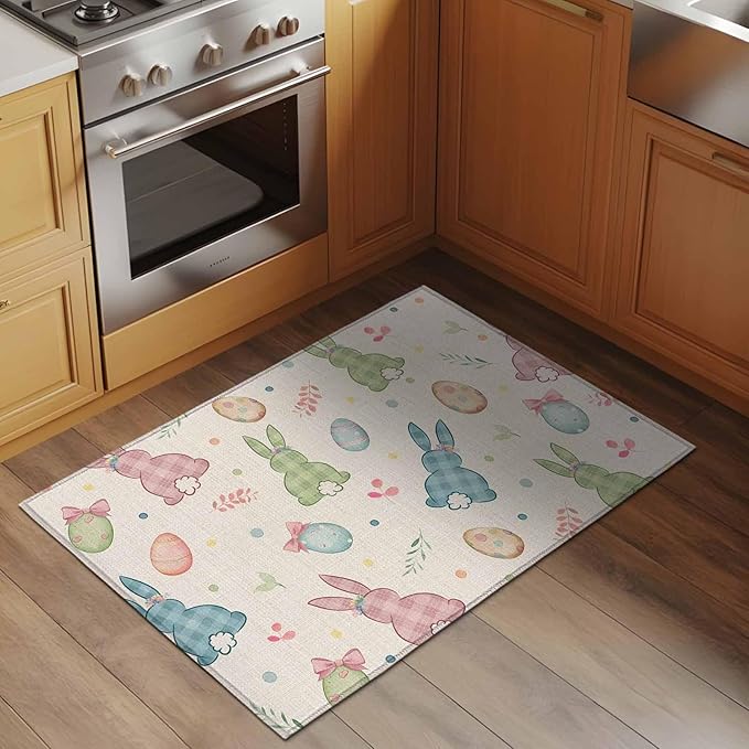 Area Rug 2x3ft, Happy Easter Cute Plaid Bunny Washable Rugs for Living Room Bedroom, Colorful Egg Leaves Farm Linen Soft Non-Slip Area Rugs Rectangle Floor Carpet for Dining Room
