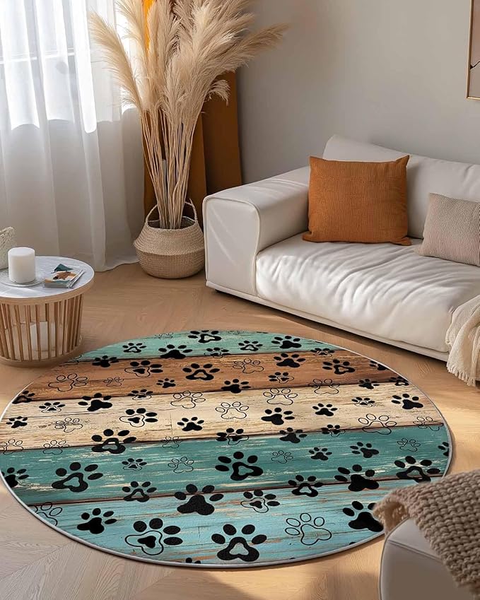 Round Area Rug,Dog Paw Farm Brown Wood Board Circle Living Room Rug Non-Slip Rugs Indoor Carpet,Animal Footprint Retro Wooden Soft Comfort Rugs for Bedroom KidsRoom Nursery