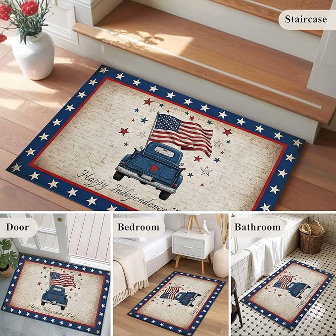 Area Rug 2x3ft, Happy Independence Day USA Flag Washable Rugs for Living Room Bedroom, Retro Blue Truck Soft Non-Slip Area Rugs Rectangle Floor Carpet for Dining Room