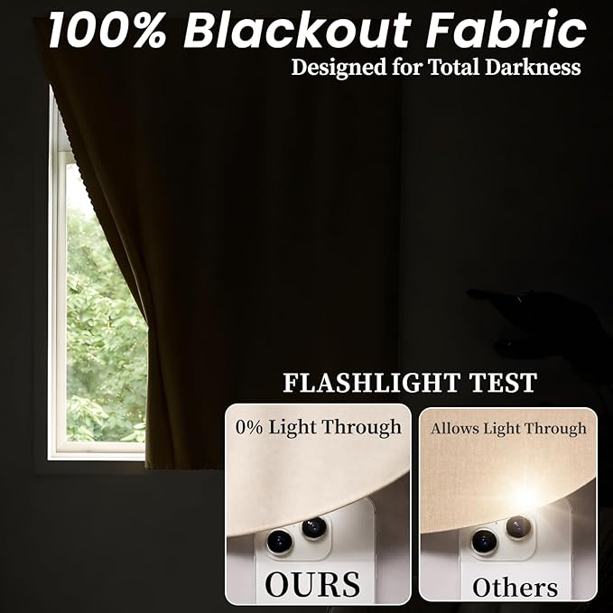 AJAZZ 100% Blackout Shades Window Cover Self Adhesive Curtains Sticky Curtain Portable Easy Open Blackout Curtains for Bedroom Living Room No Drilling (Beige, 35" W x 71" L) 1 Panel