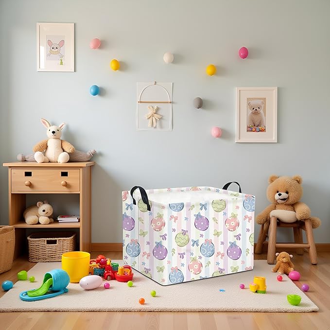 HIYAGON Rectangular Easter Basket Fabric Storage Bin Boxes Collapsible Baby Girl Basket for Clothes Books Shelves Basket(Bowknot Egg)