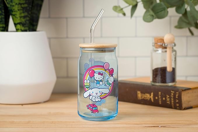Silver Buffalo Sanrio Hello Kitty & Friends Floating Car Balloons Featuring Cinnamoroll, Pochacco, and Keroppi Glass Jar Tumbler with Bamboo Lid and Glass Straw, 16 Ounces