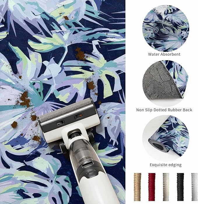 Area Rug 3x5ft, Watercolor Blue Teal Palm Leaves Washable Rugs for Living Room Bedroom, Abstract Botanical Soft Non-Slip Area Rugs Rectangle Floor Carpet for Dining Room