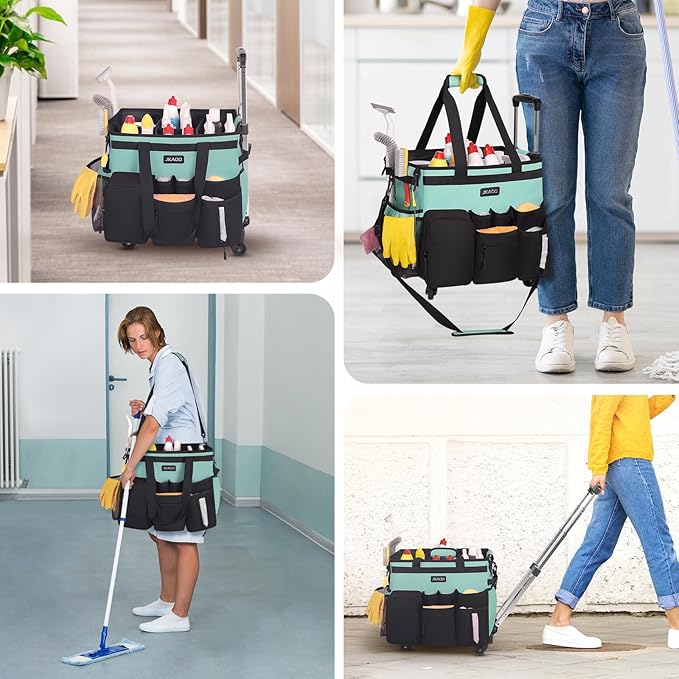 JKAOO Large Rolling Cleaning Caddy Bag with Detachable Trolley, Waterproof Cleaning Caddy on Wheels for Housekeepers, Cleaning Cart Supplies Organizer for Home,Car,Office,Picnic (Blue-Green) (Patent)