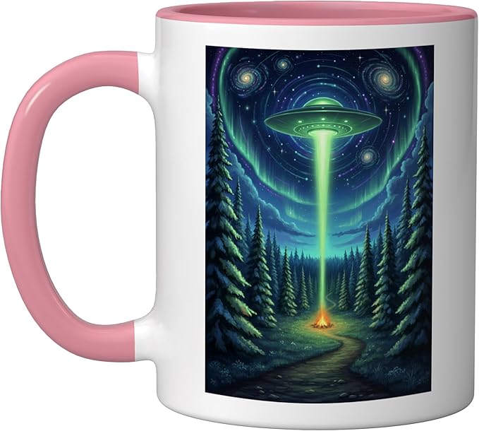 UFO in Forest Campfire Nature Camping Flying Saucer UAP Ceramic Mug, Pink/White