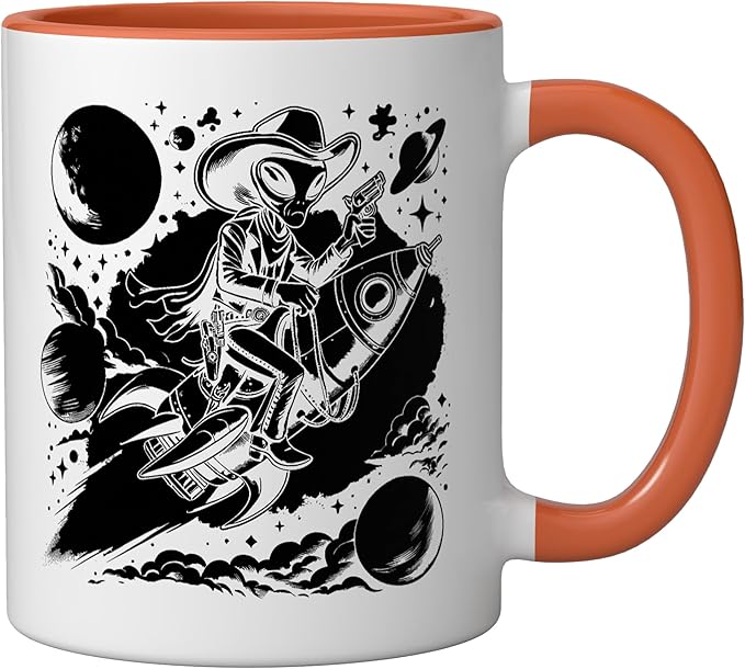 Alien Lover Flying Saucer UFO Extraterrestrial Cowboy Ceramic Mug, Orange/White