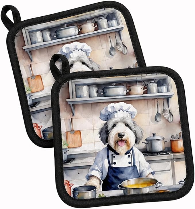 Caroline's Treasures Old English Sheepdog The Chef Pair of Pot Holders Kitchen Heat Resistant Pot Holders Sets Oven Hot Pads for Cooking Baking BBQ, 7 1/2 x 7 1/2