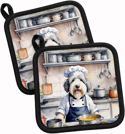 Caroline's Treasures Old English Sheepdog The Chef Pair of Pot Holders Kitchen Heat Resistant Pot Holders Sets Oven Hot Pads for Cooking Baking BBQ, 7 1/2 x 7 1/2