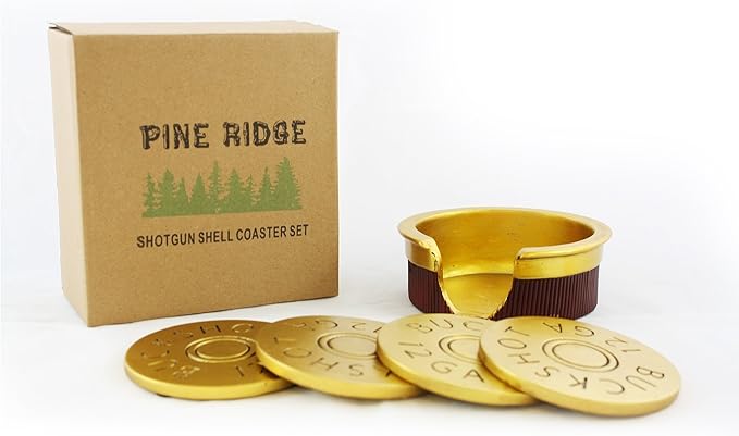 Pine Ridge Buckshot Coasters - Southwest Decor Coasters Bullet Shaped Gifts - Rustic Bar Decor Gun Enthusiast Gifts for Men - Shotgun Shell Hunting Coasters (5 Piece Drink Coasters Set with Holder)
