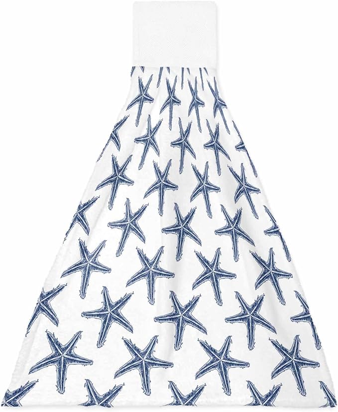 Alandar Home Kitchen Tie Towel Set of 1, Seamless Marine Blue Starfish Absorbent Soft Hand Towels for Bathroom Hanging Towels, Summer Ocean Life on White Fast Drying Cleaning Cloth with Loop